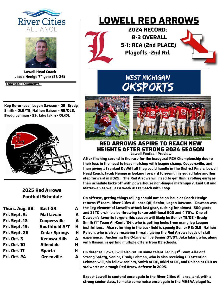 RCA:  Lowell Football '25 Preview @ westmichiganoksports.com/2025-rca-footb…

<a href="/Lowellredarrows/">Lowell Red Arrows</a> <a href="/JMHenige/">J Henige</a> 

<a href="/jhutt5/">Jason Hutton</a> <a href="/BakitaWOODRadio/">Bret Bakita</a> <a href="/BuckGenoIII/">Buck Geno III</a>
<a href="/Hugeshow/">HUGE</a> <a href="/goosepoop_/">Goosepoop</a> <a href="/lenny_padilla/">Lenny Padilla</a>
<a href="/thesportsprojec/">Steven Project, MBA</a> <a href="/jackdoles/">Jack Doles</a> <a href="/FOX17Blitz/">FOX 17 Blitz</a>
<a href="/PowerStrengthTS/">PowerStrength Training Systems</a> <a href="/MLiveSports/">MLive Sports</a> <a href="/13OYSL/">13 On Your Sidelines</a>
