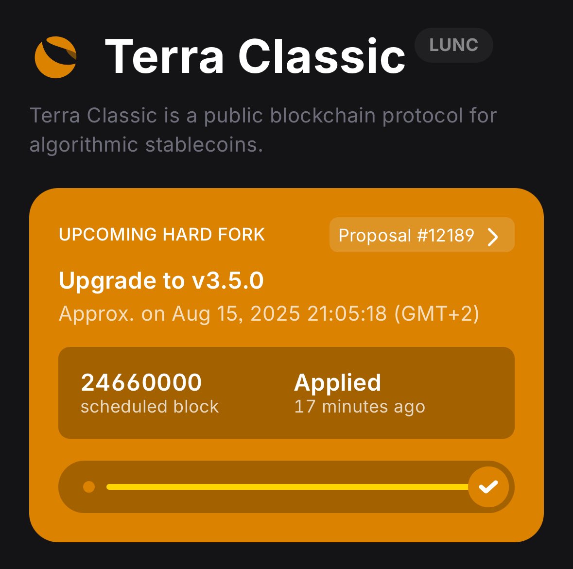 Our #LUNC validator Luna Classic Node successfully updated the terrad client version to 3.5.0 👍

The heart of the #LunaClassic blockchain is beating again ❤️