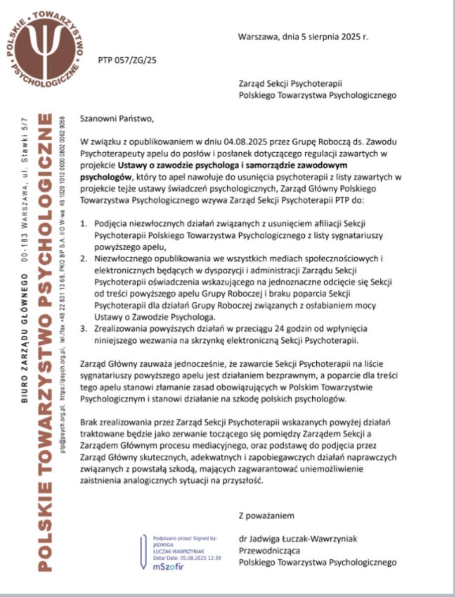 Zarząd Główny Polskiego Towarzystwa Psychologicznego nareszcie podjął zdecydowane działania przeciwko niszczycielom polskiej psychologii z Sekcji Psychoterapii  Polskiego Towarzystwa Psychologicznego. To jest po prostu niewiarygodne, że Sekcja działa nie tylko jakby miała