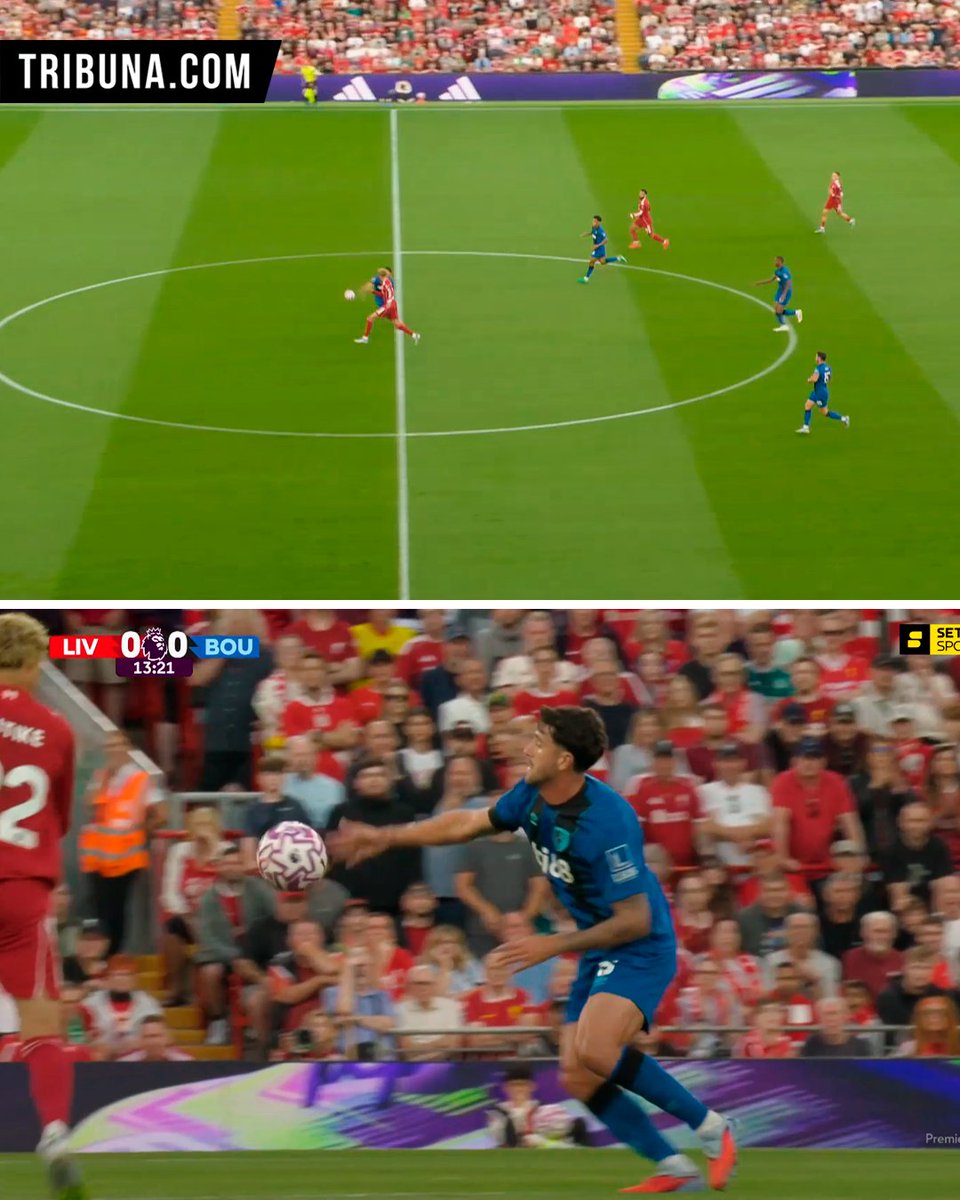 tribuna_ftbl's tweet image. Bournemouth defender Senesi with a deliberate handball to stop Ekitike from going one-on-one 😱

And it&apos;s not even a foul according to Anthony Taylor 😳