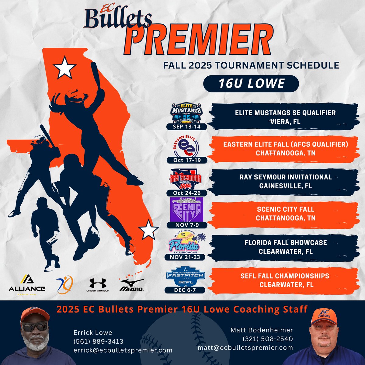 Our Fall Schedule is out🔥🔥come watch us play alot of talented athletes will be on display. Lets go EC Bullets Premier Lowe  <a href="/DukeCoachYoung/">Marissa Young</a> <a href="/PITTcoachallard/">Jenny Allard</a> <a href="/MikeMeyersFIU/">Mike Meyers</a> <a href="/Coach_LWood/">Lacy Schurr (Wood)</a> <a href="/Coach_A_Mo/">coacн мoraleѕ</a> <a href="/JessicaAllister/">Jessica Allister</a> <a href="/CoachVUCONN/">Laura Valentino</a> <a href="/SBRRetweets/">Softball Recruiting Reposts</a> <a href="/D1Softball/">D1Softball</a>