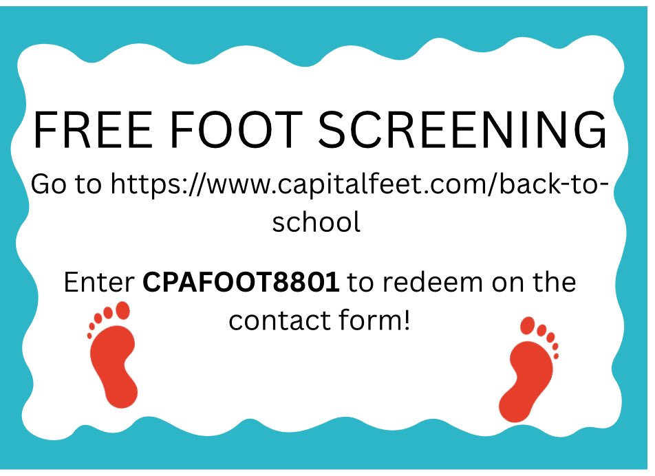 CapitalFeet's tweet photo. Back to school, back on your feet! Schedule your child’s sports foot check today. 🦶🏈🎒
#painfreeplay #capitalpodiatry #podiatry #BackToSchool https://t.co/kN79nWeogI