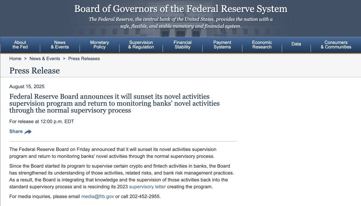 The Fed just shut down its “novel activities supervision program.” It sounds like red tape removal. In reality, it drops one of the only tools designed to slow banks from rushing into crypto without a seatbelt.

The program was born in 2023 after a brutal year:
• $2 trillion