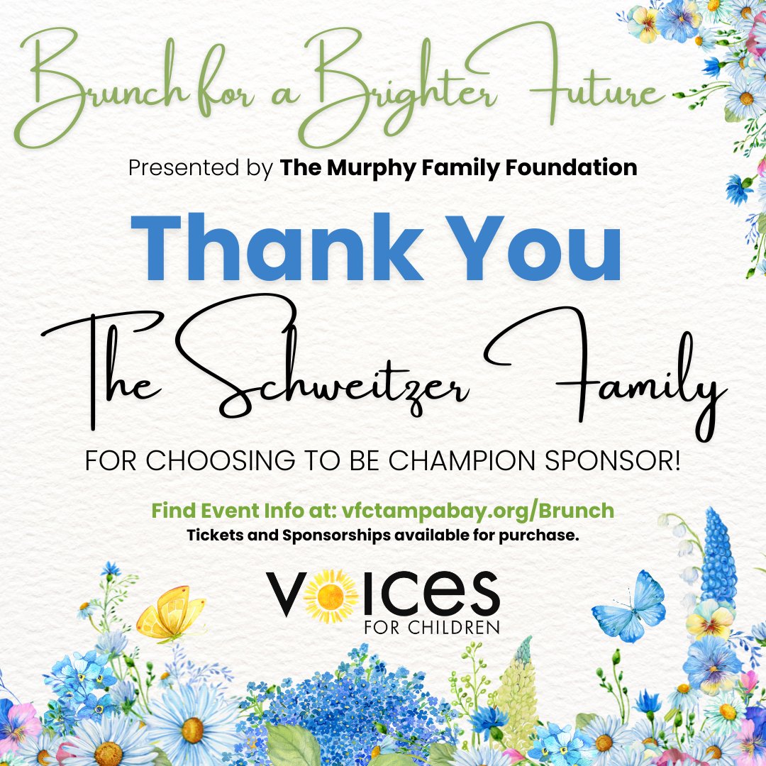 THANK YOU to The Schweitzer Family for being the FIRST Champion Sponsor for Brunch for a Brighter Future! Your support will directly impact the lives of foster kids, giving them help and hope! Tickets are going fast! Don't Miss Out, Get Yours Today! vfctampabay.org/brunch.