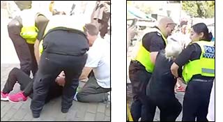 PALESTINE PROTESTOR ARRESTED IN GEORGE'S SQUARE in Hebden Bridge. Chris Drake has been protesting about Palestine in George's Square for many years. Today, she was arrested. Updates will be posted on the HebWeb at hebdenbridge.co.uk