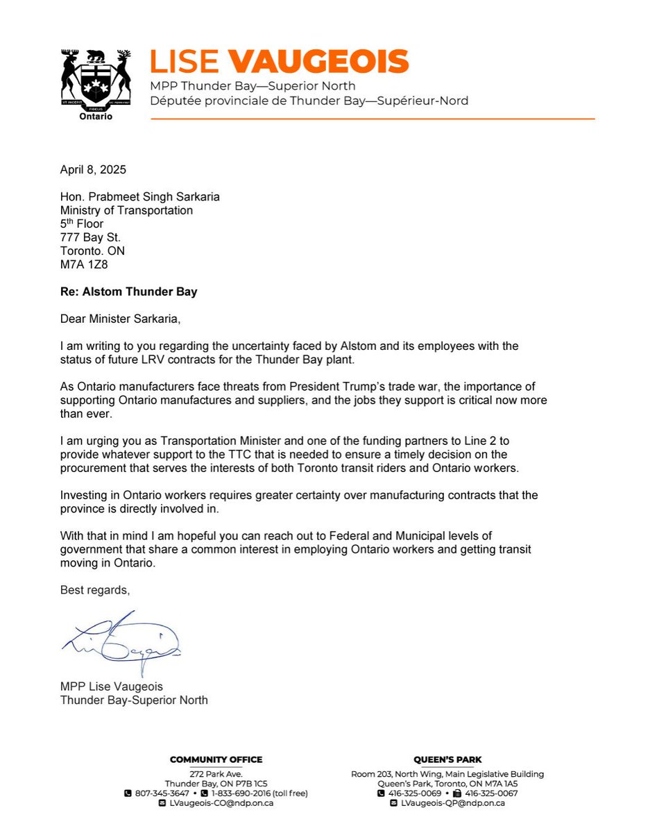 Ontario NDP (@ontariondp) on Twitter photo When Ontario jobs were at risk, the Ontario NDP stepped up.
Led by MPP <a href="/LiseVaugeois/">Lise Vaugeois</a> , we pushed for months to make sure the TTC’s new subway trains would be built at Alstom in Thunder Bay.
Today, that work has paid off. This is a win for jobs, for workers, and for Ontario's When Ontario jobs were at risk, the Ontario NDP stepped up.
Led by MPP <a href="/LiseVaugeois/">Lise Vaugeois</a> , we pushed for months to make sure the TTC’s new subway trains would be built at Alstom in Thunder Bay.
Today, that work has paid off. This is a win for jobs, for workers, and for Ontario's