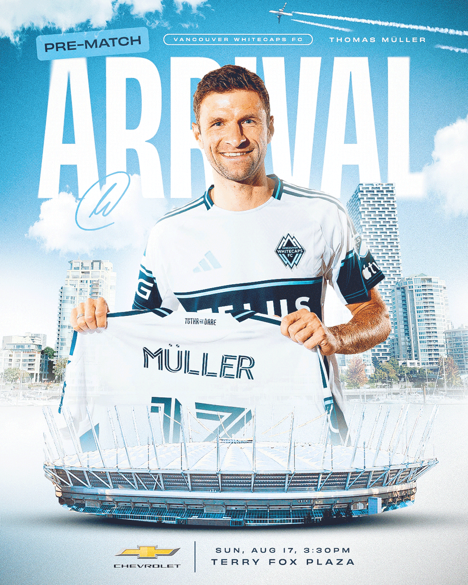 WhitecapsFC's tweet photo. It's Müller time, Vancouver.🔥

Come down to Terry Fox Plaza at 3:30 PM this Sunday pre-match to welcome the legend, enjoy the patio, and grab fresh merch, presented by @ChevroletCanada!🤩

#VWFC https://t.co/fyPT4a9BTW
