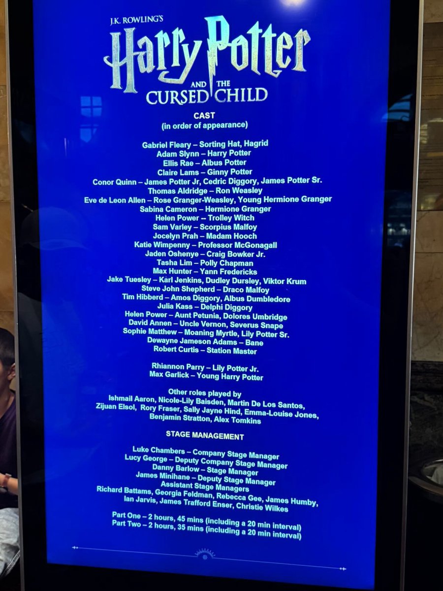 CursedChild_LDN's tweet photo. It’s a fab Friday and the covers are @adam_slynn as Harry, @conor_quinnnn as James, @SabinaCameron2 as Hermione, @helen_power as Trolley Witch/Umbridge, @SamVarley3 as Scorpius, #KatieWimpenny as McGonagall, @JakeTuesley8 as Karl and #TimHibberd as Dumbledore! Have a great show! https://t.co/ocmSUIlsrc