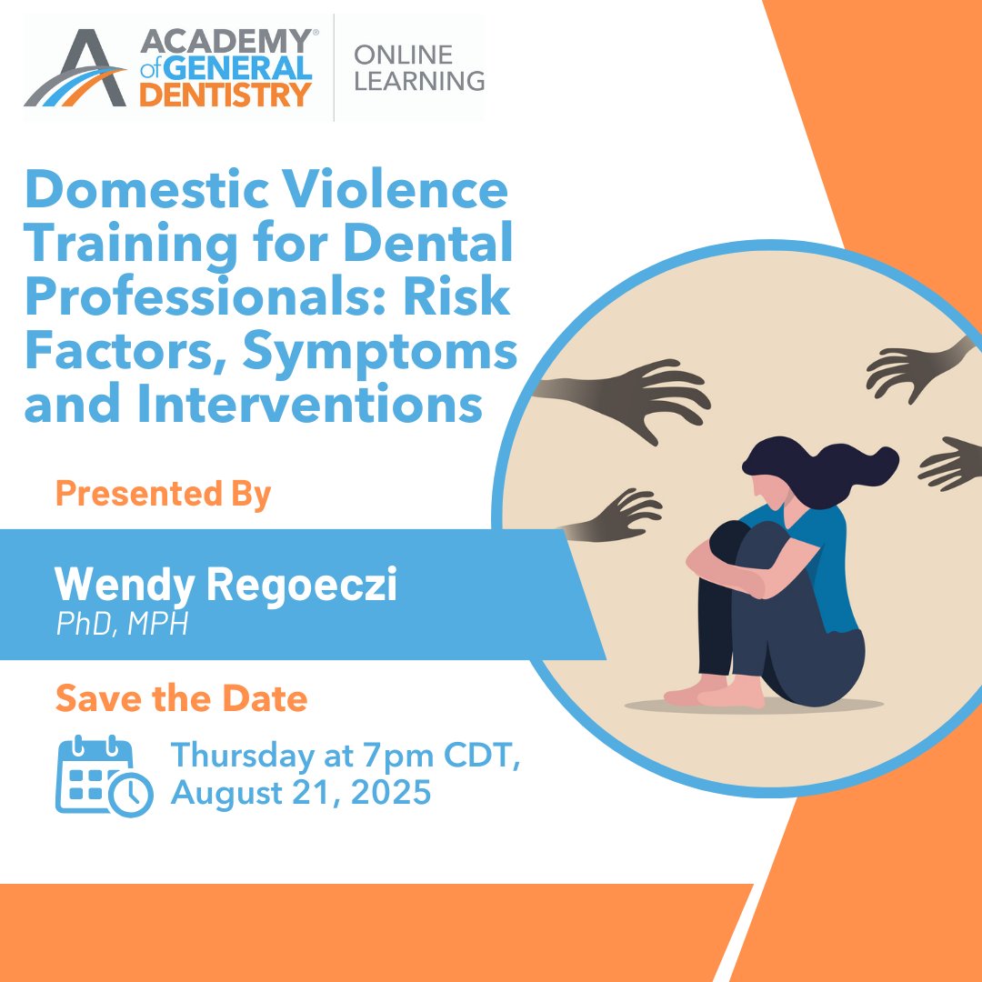 Dental professionals play a crucial role in recognizing domestic violence. Join us August 21 for a live webinar on identifying risk factors, symptoms, and interventions in dental settings. Support and protect your patients while earning CE credits. tinyurl.com/bddf8sbx