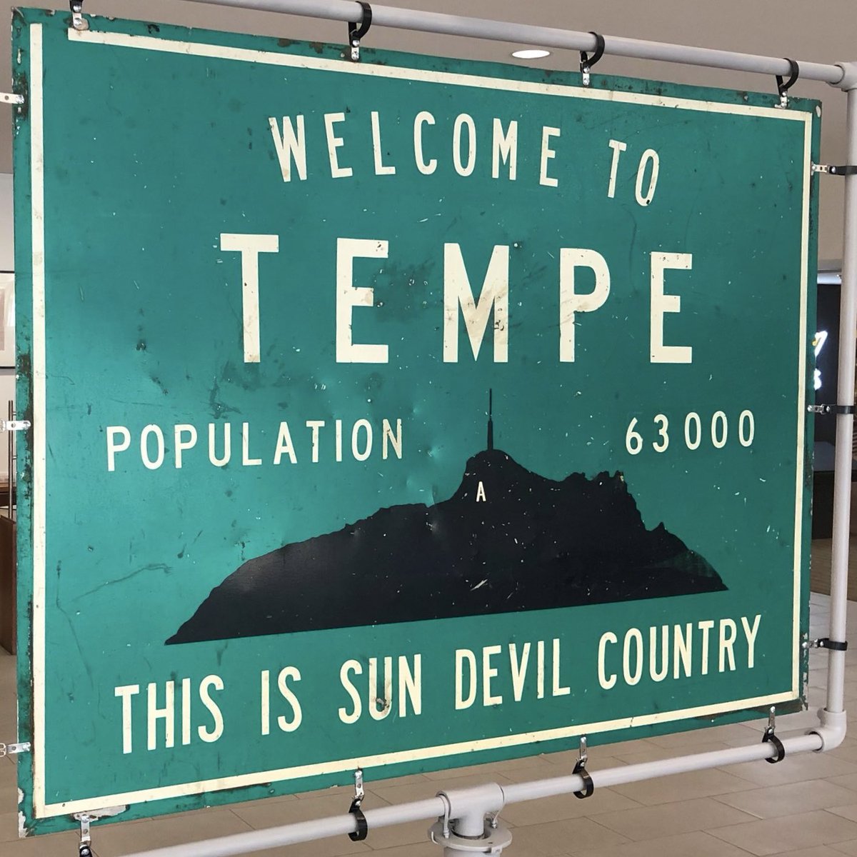 “THIS IS SUN DEVIL COUNTRY” 🔱 Sign from 1969/1970 displayed at a Tempe History Museum exhibit - Tempe’s population today is estimated at 193,000, growing 0.79% annually since 2020. #SunDevilCountry