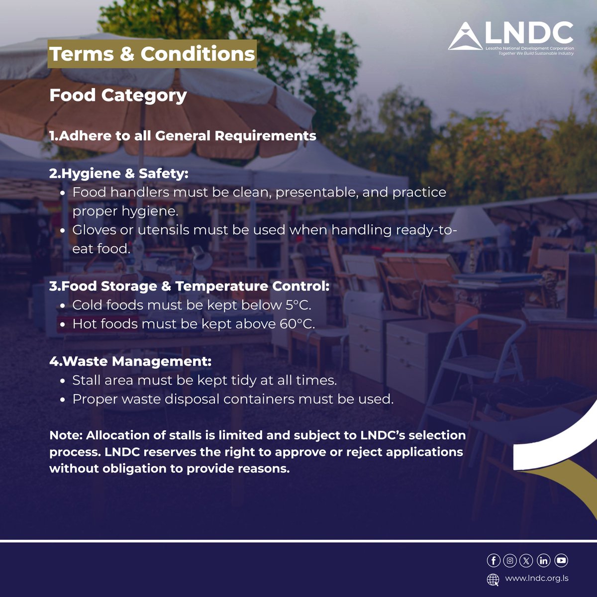 FREE Stalls for You(th)! 

Check the terms and conditions and apply NOW! 

#Lesotho #ExperienceElevation #BuyLocal #MadeInLesotho #YouthEmpowerment #LNDC #SpringJumpOff #SpringJumpOff25