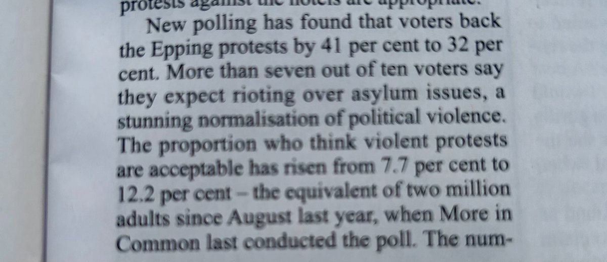 Tim Shipman, writing in this week’s Spectator, notes that 7 out of 10 voters say they expect rioting over asylum issues. As he puts it: “a stunning normalisation of political violence”. The polls show those moving to the Right are women, appalled at the rise of sexual violence.