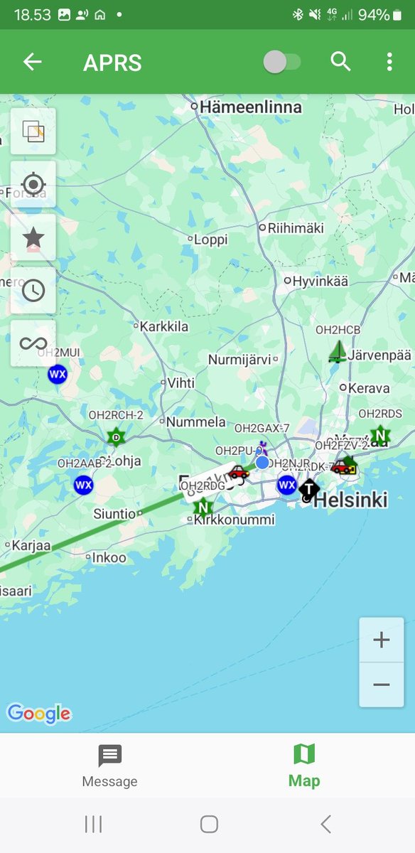 oh2gax's tweet photo. Quick portable friday APRS test nearby with VGC VR-N76 &amp; HT mobile app...
#APRS https://t.co/xMgHAgVk86