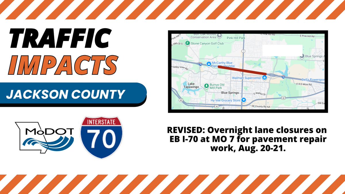 REVISED: JACKSON COUNTY – Crews will conduct evening/overnight pavement repair operations on EB I-70 at MO 7 resulting in various lane closures from approx. 7 p.m. on Aug. 20 until 6 a.m. on Aug. 21 (Revised from Aug. 15-16).  #KCTRAFFIC modot.org/node/74634