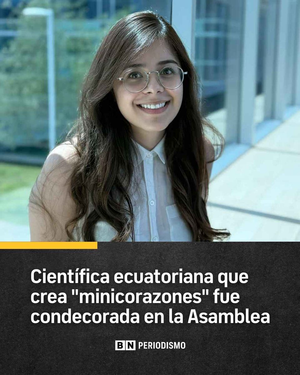 BNPeriodismo's tweet photo. La ecuatoriana María Belén Paredes, graduada en Yachay Tech, forma parte de un equipo de investigación que ha logrado crear un "minicorazón" del tamaño de la punta de una aguja. Este avance científico busca revolucionar la industria farmacéutica al permitir la prueba de medicamentos en un modelo de corazón humano con todas sus funciones celulares, lo que podría sustituir el uso de animales y ofrecer resultados más precisos. Ella fue condecorada en la Asamblea Nacional con la insignia “Matilde Hidalgo de Procel” por su contribución a la ciencia a nivel mundial.