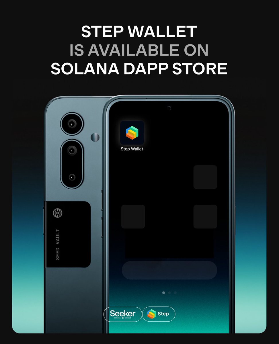 Step Wallet available on Solana dApp Store featuring a mobile device display