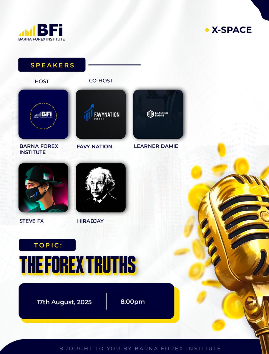 BARNA FOREX INSTITUTE (BFI) 🔱 (@barnaforex) on Twitter photo THE FOREX TRUTHS
What you need to know as a Forex trader !
COULD THIS BE THE MISSING PIECE ?
Our speakers are loaded 😁🤌
Host ; <a href="/BarnaForex/">BARNA FOREX INSTITUTE (BFI) 🔱</a>
Co-Host ; <a href="/DFavynation/">Favynation</a>
Speakers ; <a href="/LearnerDamie_/">Learner Damie</a> , <a href="/SteveFx001/">Stephen❤️</a> , <a href="/hirabjay/">📊HirabJay🕯️</a>
This Sunday 8pm.
Tag that your favorite forex idolo 😁 THE FOREX TRUTHS
What you need to know as a Forex trader !
COULD THIS BE THE MISSING PIECE ?
Our speakers are loaded 😁🤌
Host ; <a href="/BarnaForex/">BARNA FOREX INSTITUTE (BFI) 🔱</a>
Co-Host ; <a href="/DFavynation/">Favynation</a>
Speakers ; <a href="/LearnerDamie_/">Learner Damie</a> , <a href="/SteveFx001/">Stephen❤️</a> , <a href="/hirabjay/">📊HirabJay🕯️</a>
This Sunday 8pm.
Tag that your favorite forex idolo 😁