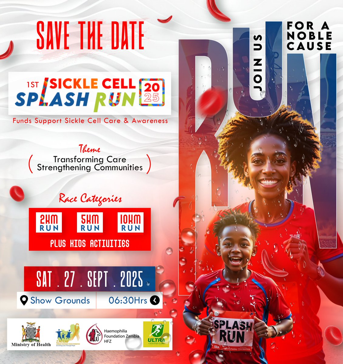 info_zaccaf's tweet photo. Join us for the Sickle Cell Splash Run
Sickle cell disease is not only a public health challenge, it is a workplace, community and economic issue. It affects you, your employees, their children and families across Zambia. Save the date. Registration opening soon! https://t.co/KIGvD4CwnP