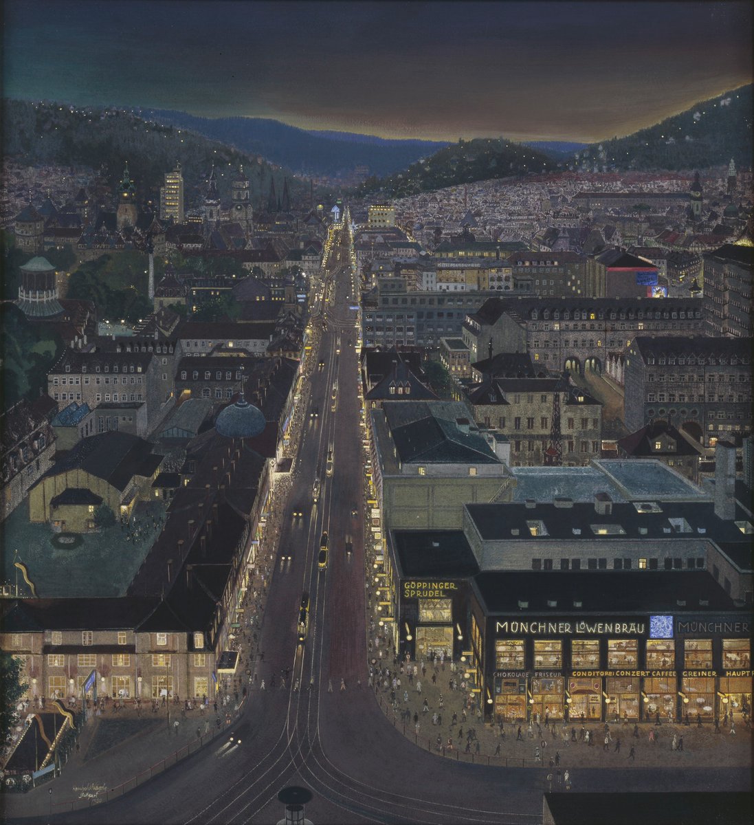 "View from the Station Tower of Königstrasse and Surroundings at Night". Reinhold Nägele. 1930.