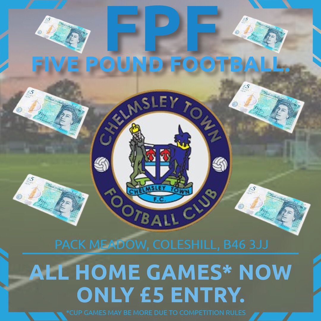 Chelmsley Town FC 🏴 (@chelmsleytown) on Twitter photo ⚽️⚽️⚽️ NEXT GAME ⚽️⚽️⚽️
Back home <a href="/PackMeadow/">Pack Meadow Limited</a> tomorrow in the <a href="/MidlandLeague/">Capelli Sport Midland Football League</a> as we welcome <a href="/CradleyTown_FC/">Cradley Town FC</a>
Don’t forget it’s FPF -
Five Pound Football
Come and support the lads ⚽️, grab a drink ☕️🧃🍺🍷 and still have change from a tenner
#teamchembo
#Nonleague ⚽️⚽️⚽️ NEXT GAME ⚽️⚽️⚽️
Back home <a href="/PackMeadow/">Pack Meadow Limited</a> tomorrow in the <a href="/MidlandLeague/">Capelli Sport Midland Football League</a> as we welcome <a href="/CradleyTown_FC/">Cradley Town FC</a>
Don’t forget it’s FPF -
Five Pound Football
Come and support the lads ⚽️, grab a drink ☕️🧃🍺🍷 and still have change from a tenner
#teamchembo
#Nonleague