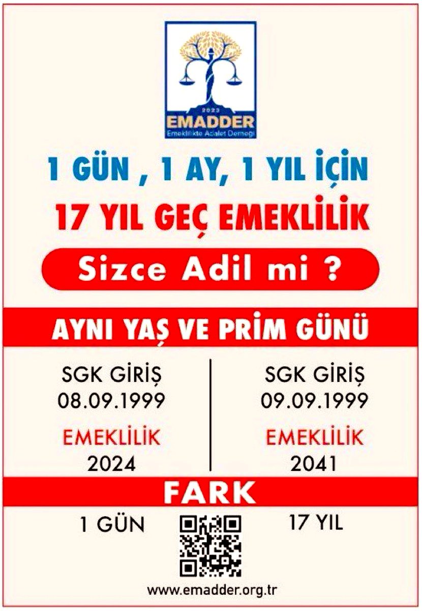 <a href="/anahtarparti/">Anahtar Parti</a> Kademe sistemi bir lütuf değil, adil bir hak talebidir
EYT düzenlemesinden sonra 9.9.99/30.04.2008 arası sigorta girişliler olarak emeklilik hakkımızı beklerken 17-20 yıl daha çalışmak zorundayız.
Kademe Lütuf Değil Haktır ‼️

<a href="/EmadDernegi/">EMEKLİLİKTE ADALET DERNEĞİ ⚖️</a>
#AdaletinYoluKademe