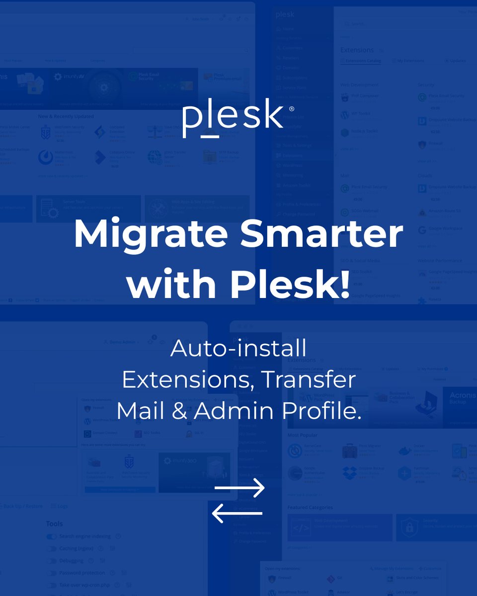 Plesk's tweet image. #ServerMigration just got a whole lot easier! #Plesk Migrator now automates extension installation, mail settings, and admin profile transfers. Save time, reduce errors, and migrate with confidence!

Check our latest updates and get your #FreeTrial today: b.link/w8hbq7m1