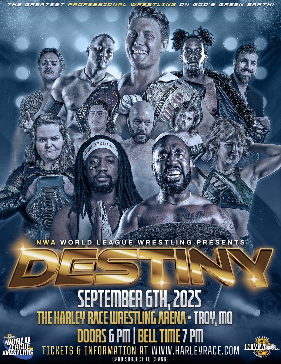 NWA World League Wrestling & Harley Race Academy (@worldleaguewlw) on Twitter photo 🚨 TICKETS ON SALE! 🚨
WLW: DESTINY – Sat, Sept 6, 2025
Harley Race Wrestling Arena • Troy, MO
The fallout from Summer Sizzler explodes as <a href="/The__Deliverer/">MOSES</a> faces <a href="/HEELCamaro/">Camaro Jackson</a> ! Winner gets NWA WLW Champ <a href="/CarsonDrake00/">Carson Drake</a> at WLW 26! 🏆
🔥 NWA Star <a href="/kyliealexxa/">Kylie👸🏼 The PPD💌</a>
🔥 NWA Texas Champ 🚨 TICKETS ON SALE! 🚨
WLW: DESTINY – Sat, Sept 6, 2025
Harley Race Wrestling Arena • Troy, MO
The fallout from Summer Sizzler explodes as <a href="/The__Deliverer/">MOSES</a> faces <a href="/HEELCamaro/">Camaro Jackson</a> ! Winner gets NWA WLW Champ <a href="/CarsonDrake00/">Carson Drake</a> at WLW 26! 🏆
🔥 NWA Star <a href="/kyliealexxa/">Kylie👸🏼 The PPD💌</a>
🔥 NWA Texas Champ