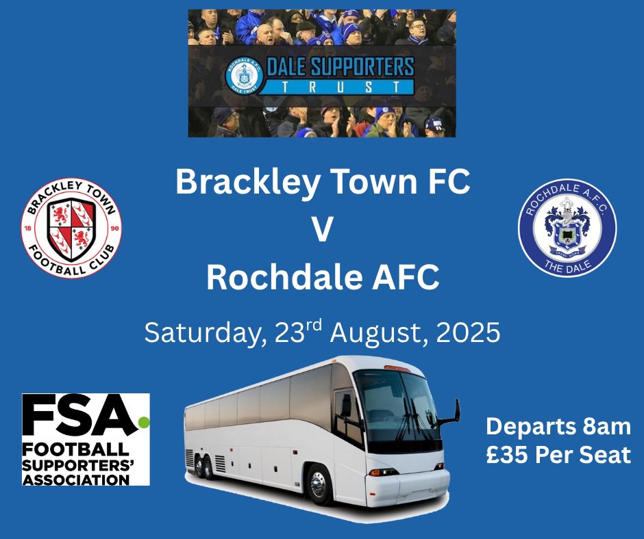 Coach Bookings are now open for Brackley Town FC - only £35!

Early booking recommended to avoid disappointment.

daletrust.co.uk/2025/08/brackl…