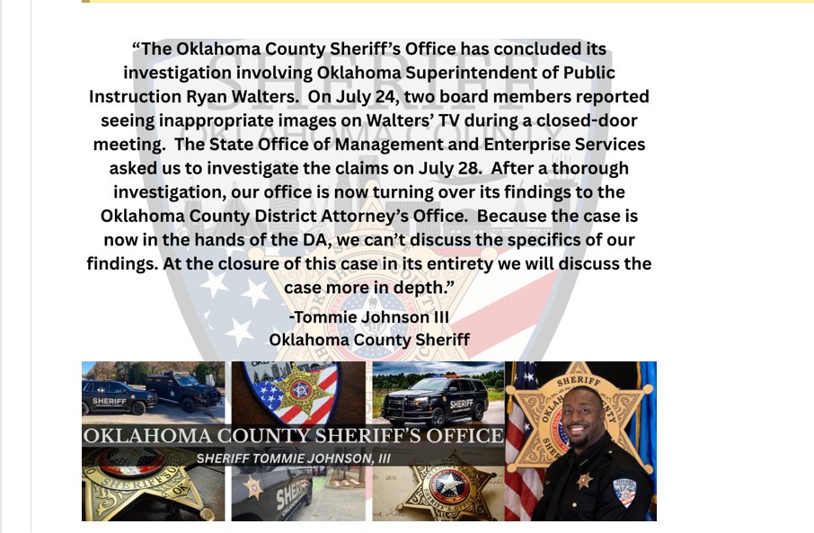 JUST IN- The findings of <a href="/OkCountySheriff/">Oklahoma Co. Sheriff</a>'s  investigation into nudity playing on the tv in the office of <a href="/RyanWalters_/">Ryan Walters</a>  are now in the hands of District Attorney Vicki Behenna. The sheriff says he won't share specifics until "the closure of this case in its entirety." <a href="/OKCFOX/">KOKH FOX 25</a>