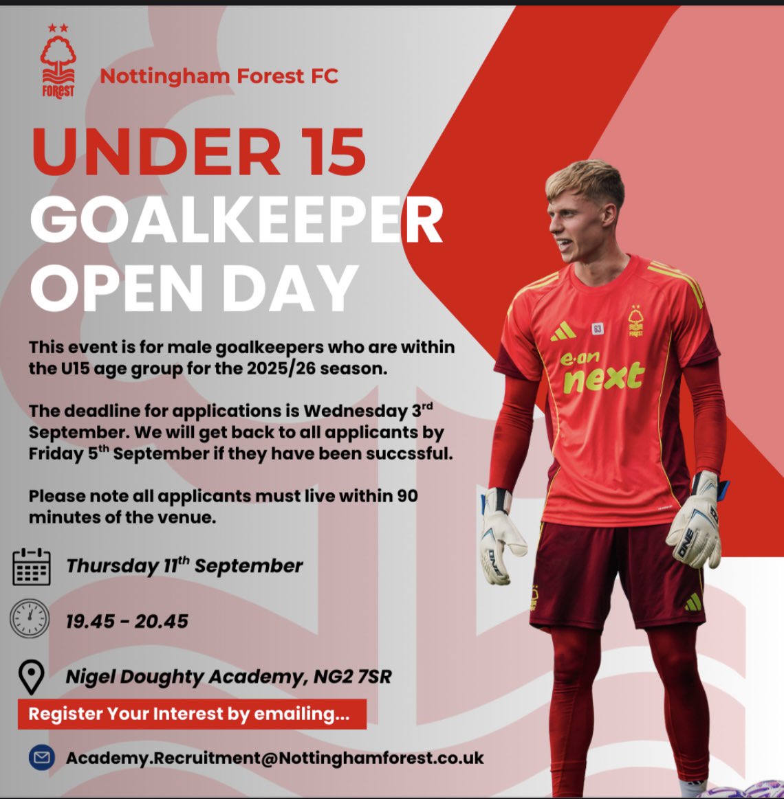 🌳 🧤 🌳 And we are back!!! 
First Goalkeeper Open Day of the season! UNDER 15 OPEN DAY at Nottingham Forest FC. Please see below for details on how to apply…