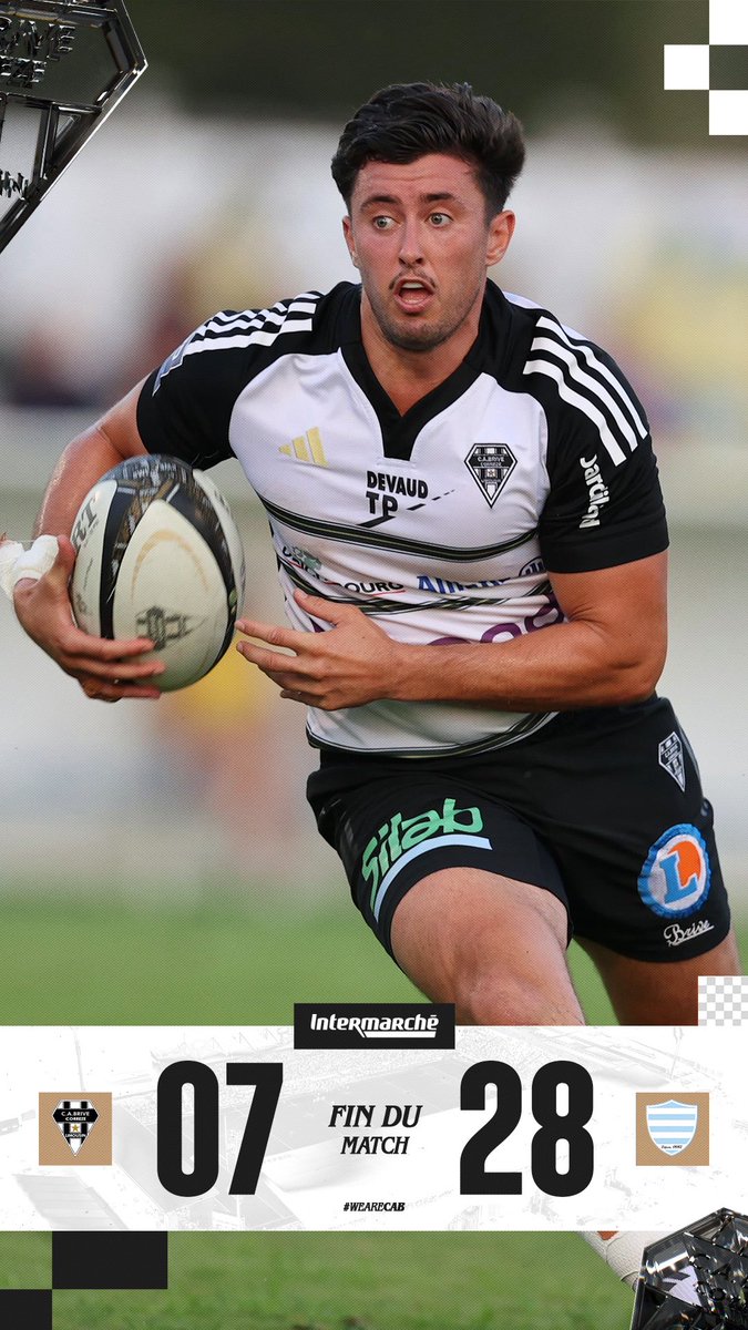 𝑭𝒊𝒏 𝒅𝒖 𝒎𝒂𝒕𝒄𝒉

Le CA Brive s’incline 28 à 7. Le staff a pu opérer une revue d’effectif des Noir &amp; Blanc avant le second match de préparation.

Prochain rendez-vous vendredi prochain au Stadium face à Clermont 🏟️