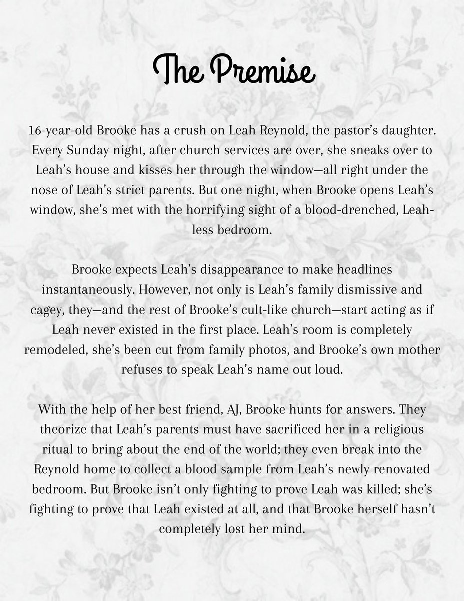 Leah is missing, and Brooke is ready to tear their cult-like church apart to find her. (Literally.) But no one, not even Leah's mother, seems to remember her.   Signs of sacrifice point to the truth being stranger than any nightmare.  #QueerPit #lesbian #ya #thriller #querying