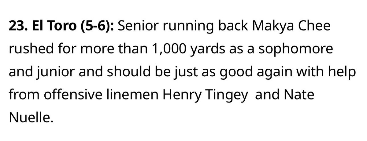 El Toro ranked 23 in OC Register’s preseason rankings. This team is ready and we know nothing is given, it’s earned. 1 week to go. <a href="/SteveFryer/">Steve Fryer</a> <a href="/ocvarsityguy/">Dan Albano</a> <a href="/ETfootball1/">El Toro Football</a> <a href="/CoachLofthouse/">CoachPeterLofthouse</a>