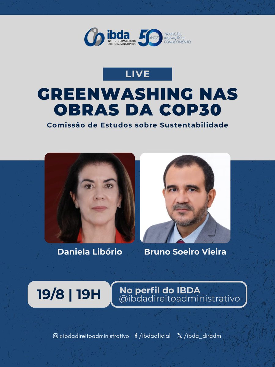 ibda_diradm's tweet image. 📢 Live IBDA | Greenwashing nas obras da COP30 — 19/08, 19h, no Instagram do IBDA. Sustentabilidade e contratações públicas em debate. #IBDA