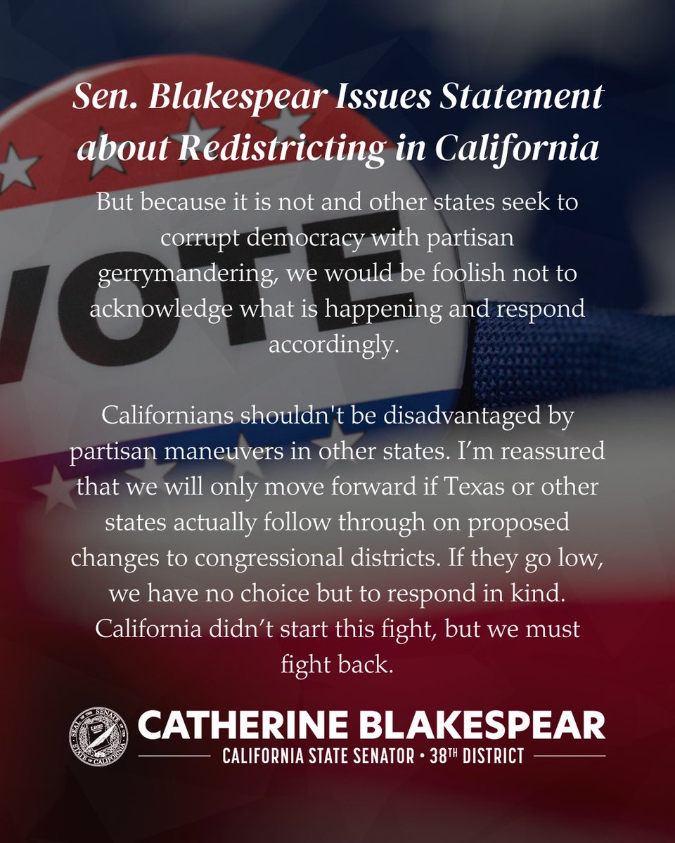 Senator Catherine Blakespear (@senblakespear) on Twitter photo My statement about plans to redistrict congressional seats in California ahead of next year’s elections. My statement about plans to redistrict congressional seats in California ahead of next year’s elections.