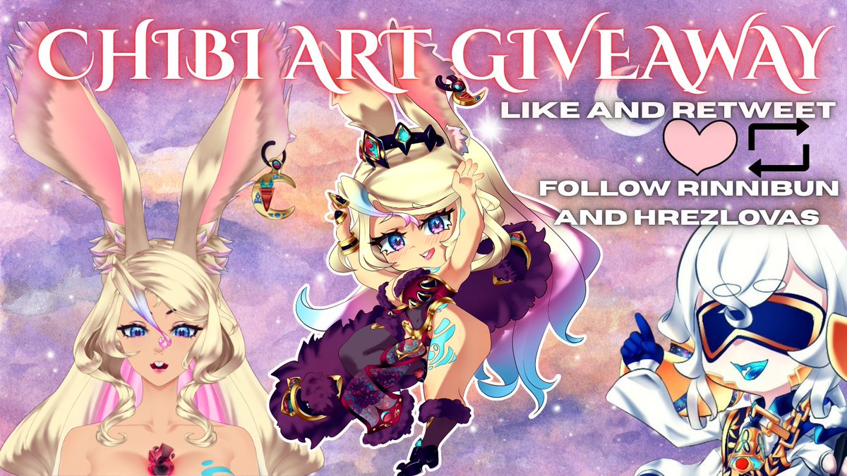 💜💜 CHIBI ART GIVEAWAY BY HREZLOVAS 💜💜

💞 To Enter: Like and Retweet ❤️🔁
💞 Follow: <a href="/Hrezlovas/">Hrezlovas</a> and <a href="/RinniBun/">Rinnibun 🌙🐰 Corrupted Moon Bun</a> 

🍀Drawing on: September 10 Good luck!🍀