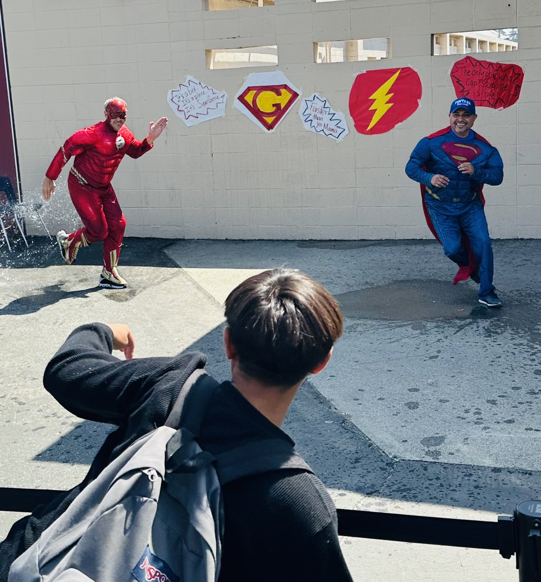 Splash an Admin Day at Fontana Middle School ! Students had a “Super” time hurling water baloons at the Super Principal (secret identity Marco Garcia) and the Worlds Fastest AP ( Chad Allen)  to raise money for student activities…