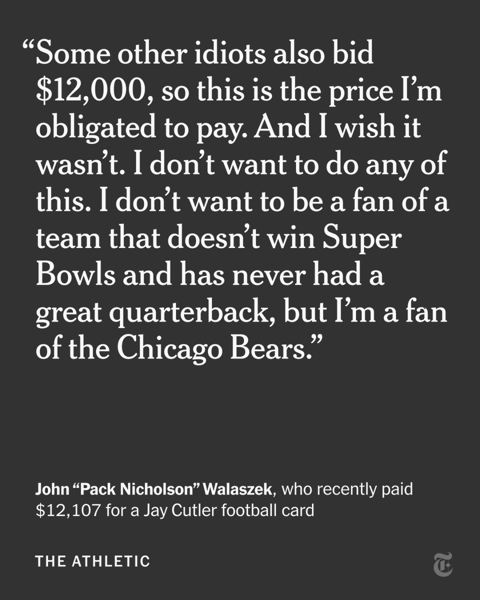 nytimes's tweet photo. From @TheAthletic: After a bidding war, a Jay Cutler football card sold for $12,107, a new record sale for one of his cards. Why would this card be so valuable? The buyer, a resigned Chicago Bears fan, explained. https://t.co/0wQcFhv8HV https://t.co/5bjq5w8gPG