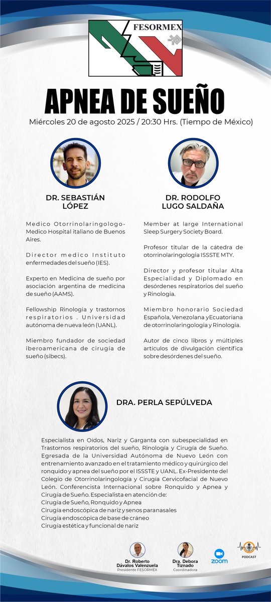 Fesormex's tweet photo. Siguiendo el programa de "Actualización en ORL" te invitamos a: Apnea de Sueño
20 de agosto 20:30 Hrs. (tiempo de México)
Inscríbete:

https://t.co/Bbh2MJTjgy
Puntos CMORL en trámite

APP IPHONE:
https://t.co/C6XK0VoRNX

APP ANDROID:
https://t.co/tX82pHnWW9

#SEORLCCC
#COCCCEJAL https://t.co/VmQnWxEf0c