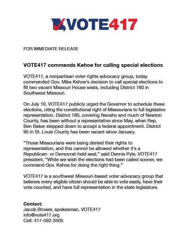 Vote_417's tweet photo. VOTE417, a nonpartisan voter rights advocacy group, today commended Gov. Mike Kehoe’s decision to call special elections to fill two vacant Missouri House seats, including District 160 in Southwest Missouri. 1/ https://t.co/CpdN4KQsyk