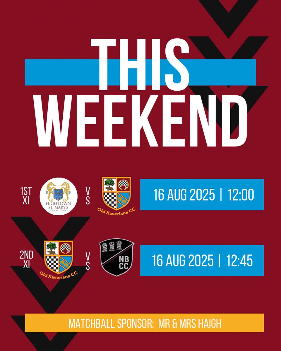 Old Xaverians CC (@oldxavscc) on Twitter photo ‼️THIS WEEKEND‼️
The first XI travel to <a href="/HightownStMarys/">HightownStMary's CC</a> whilst the 2nd XI host <a href="/NBCC1856/">New Brighton Cricket & Bowling Club</a>. Weekend sponsored by the newly wed Mrs and Mr Haigh! ‼️THIS WEEKEND‼️
The first XI travel to <a href="/HightownStMarys/">HightownStMary's CC</a> whilst the 2nd XI host <a href="/NBCC1856/">New Brighton Cricket & Bowling Club</a>. Weekend sponsored by the newly wed Mrs and Mr Haigh!
