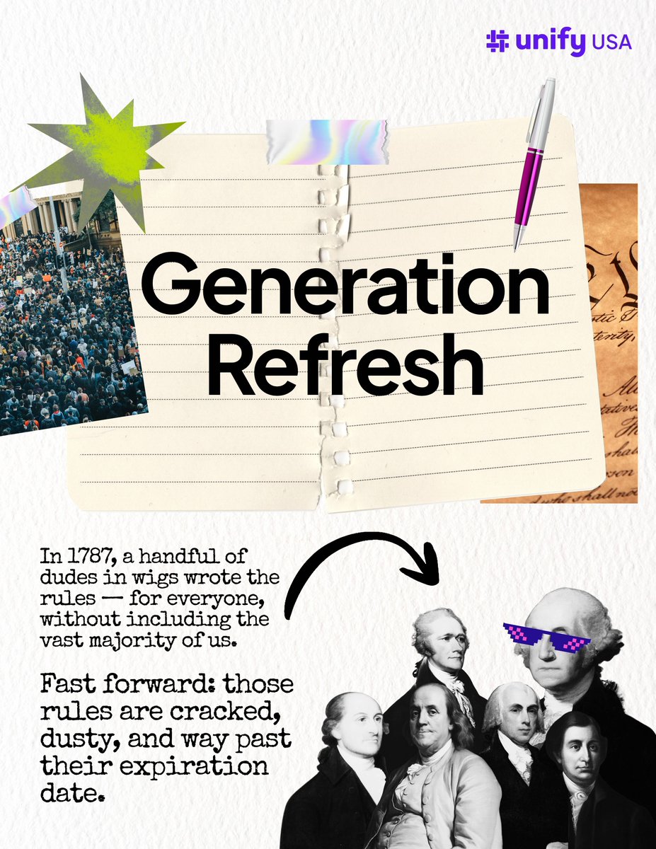UnifyUSCitizens's tweet photo. Long ago, dudes in wigs had the power &amp; put pen to paper to craft our Constitution. This dusty duty doc no longer works for most of us. Grab that red pen &amp; mark it up! Join #unifyUSA and GENERATION REFRESH &amp; let's refresh the Constitution!  Details ⬇️⬇️⬇️
https://t.co/sDAKG6Zu2h https://t.co/paDkas3F5f