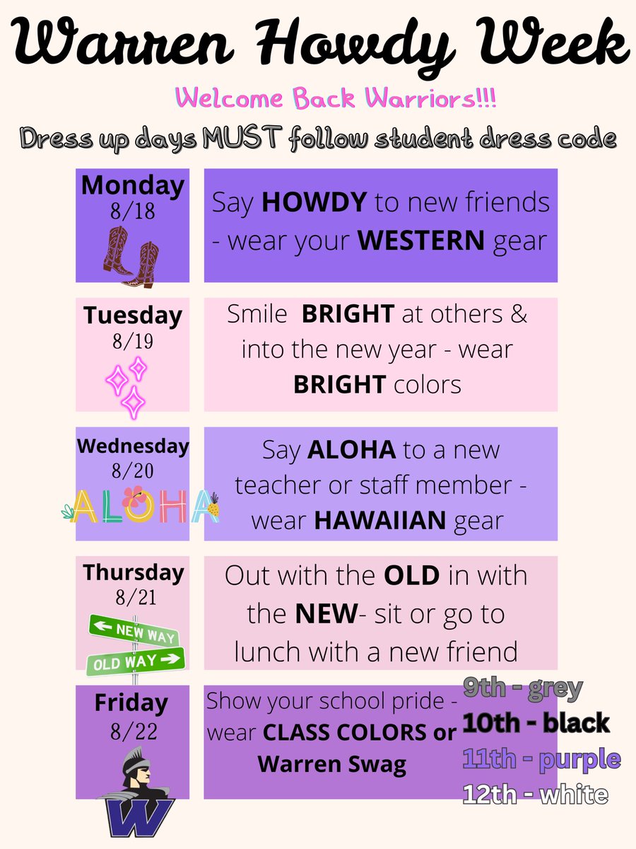 Warrens annual #HowdyWeek is coming up beginning Monday! Be sure to show your welcoming spirit &amp; dress up, show your #Warrior pride! Feel free to share &amp; #repost