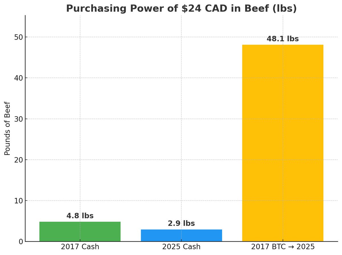 Yesterday, I found $24 dollars in a coat pocket that was stowed in 2017

Back then it could have purchased 4.8 lbs of beef,
Now it can only buy 2.9 lbs

If instead I would have stowed the equivalent amount of BTC in that pocket, I could buy 48.1 lbs of beef today