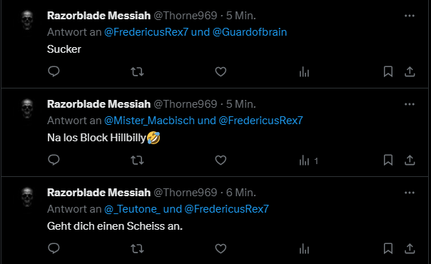 ๐~๐ฑ๐๐๐๐๐๐๐๐๐~๐ฝ๐๐~๐ (@fredericusrex7) on Twitter photo โ ๏ธEs gibt Accounts, die sind argumentativ so geistreich, dass abgestandenes Leitungswasser mehr Stil besitzt. Wer in den eigenen Reihen wie ein Linker rumpรถbelt und die Leute abnervt, gehรถrt in die Blockhรผtte. <a href="/Thorne969/">Razorblade Messiah</a> ist so ein Exemplar, daher klare Blockempfehlung! โ ๏ธEs gibt Accounts, die sind argumentativ so geistreich, dass abgestandenes Leitungswasser mehr Stil besitzt. Wer in den eigenen Reihen wie ein Linker rumpรถbelt und die Leute abnervt, gehรถrt in die Blockhรผtte. <a href="/Thorne969/">Razorblade Messiah</a> ist so ein Exemplar, daher klare Blockempfehlung!
