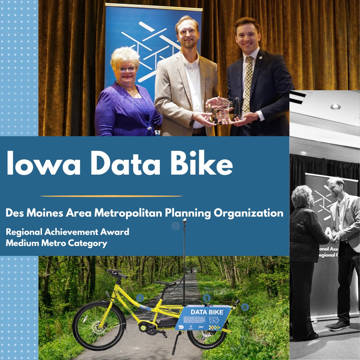 Congratulations to <a href="/dmampo/">Des Moines Area MPO</a> for receiving a Regional Achievement Award in the Medium Metro Category for their Iowa Data Bike project!

Learn about the project here: lnkd.in/gRXY_9x2

#RegionsLead