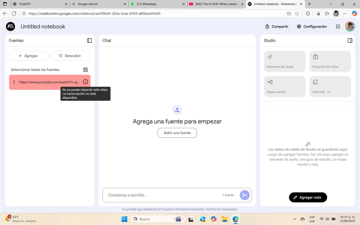Today, <a href="/NotebookLM/">NotebookLM</a> has a bug, when uploading sources from YouTube. I've attached images of the error. <a href="/joshwoodward/">Josh Woodward</a> <a href="/stevenbjohnson/">Steven Johnson</a>