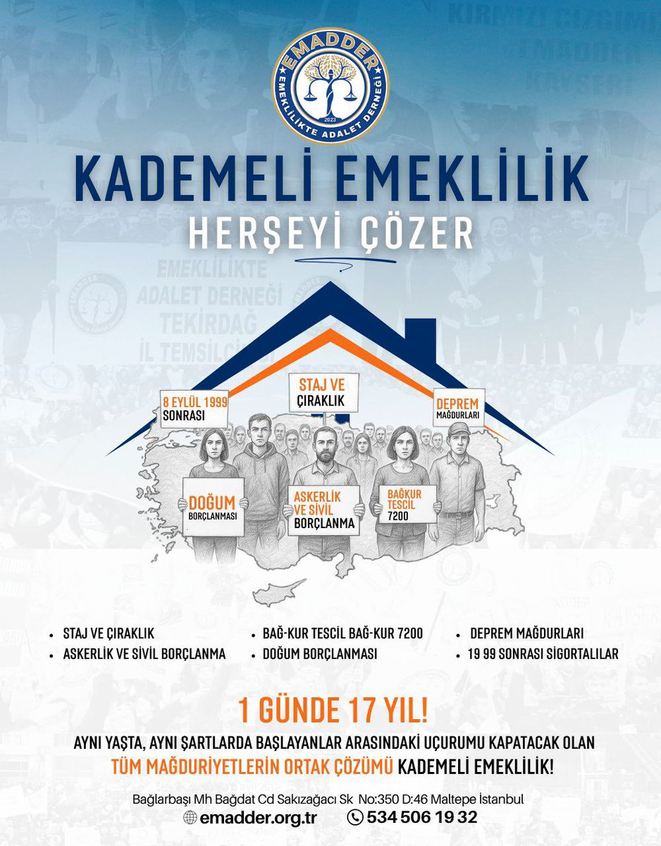 <a href="/anahtarparti/">Anahtar Parti</a> Kademeli emeklilik gelene kadar 08.09.1999 sonrası kuşaklar hep yarım kalacak.
Yasalar değil, vicdanlar konuşmalı artık
4.5 milyon vatandaş "erken emeklilik" değil, "geç kalmış adaleti" istiyoruz!
Bu farkı artık herkes görmeli!
<a href="/EmadDernegi/">EMEKLİLİKTE ADALET DERNEĞİ ⚖️</a>
#AdaletinYoluKademe