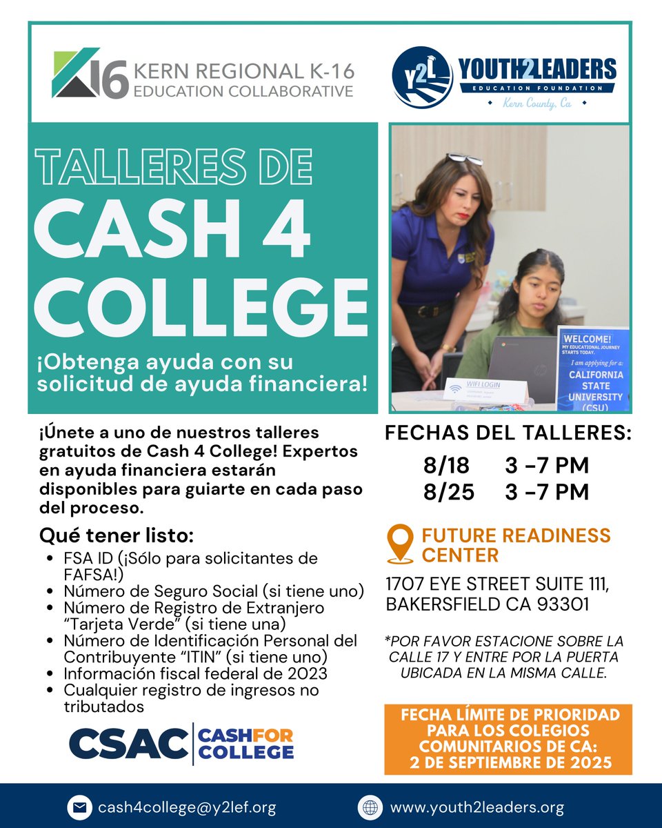 Join Youth 2 Leaders in some upcoming Cash 4 College workshop in our KCSOS College &amp; Career Future Readiness Center! Check out the flyers for more information.