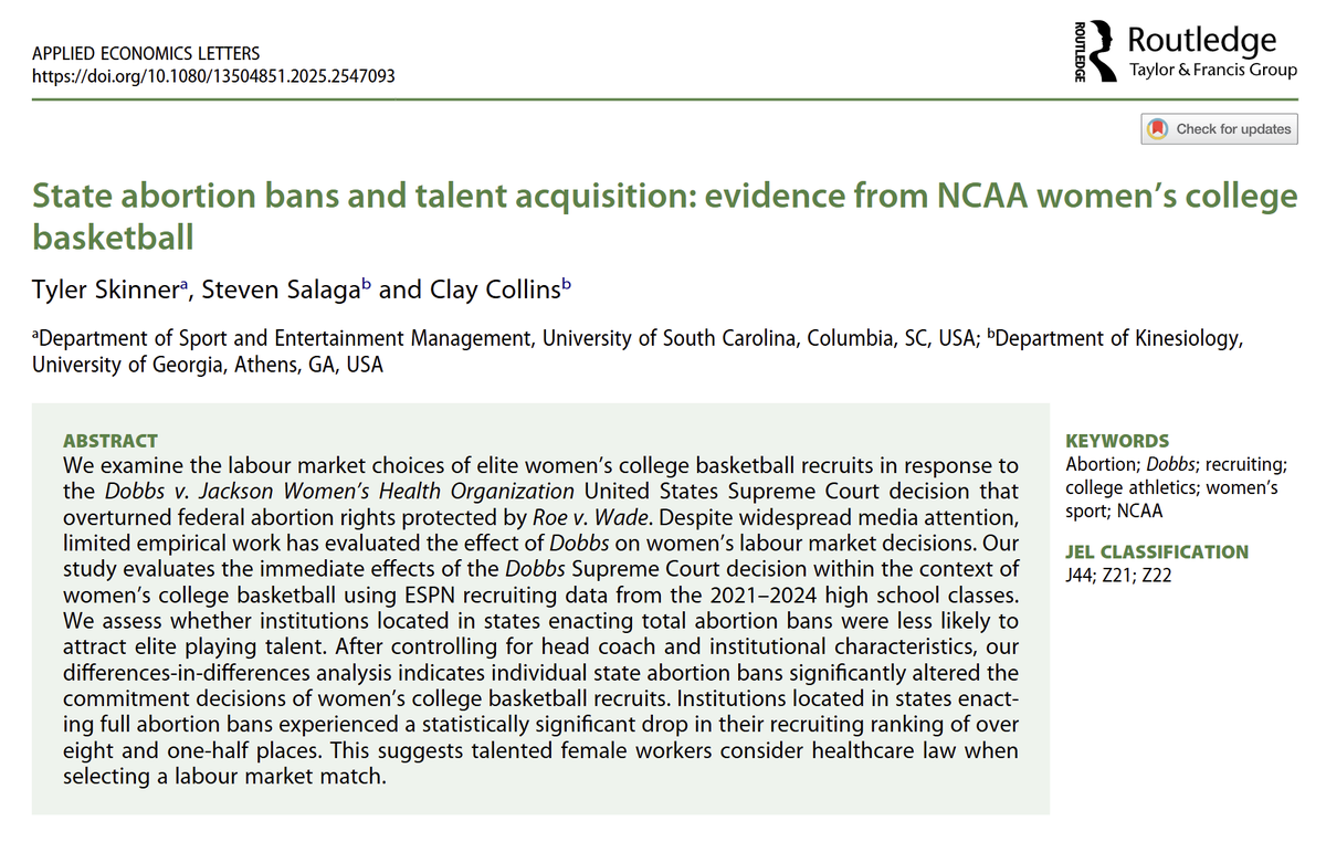 tylerlskinner's tweet photo. Excited to share the publication of "State abortion bans and talent acquisition: evidence from NCAA women’s college basketball."   

Results suggest women's programs located in states enacting immediate abortion bans experienced a significant drop in recruiting rankings. https://t.co/T9jNKD72Uf
